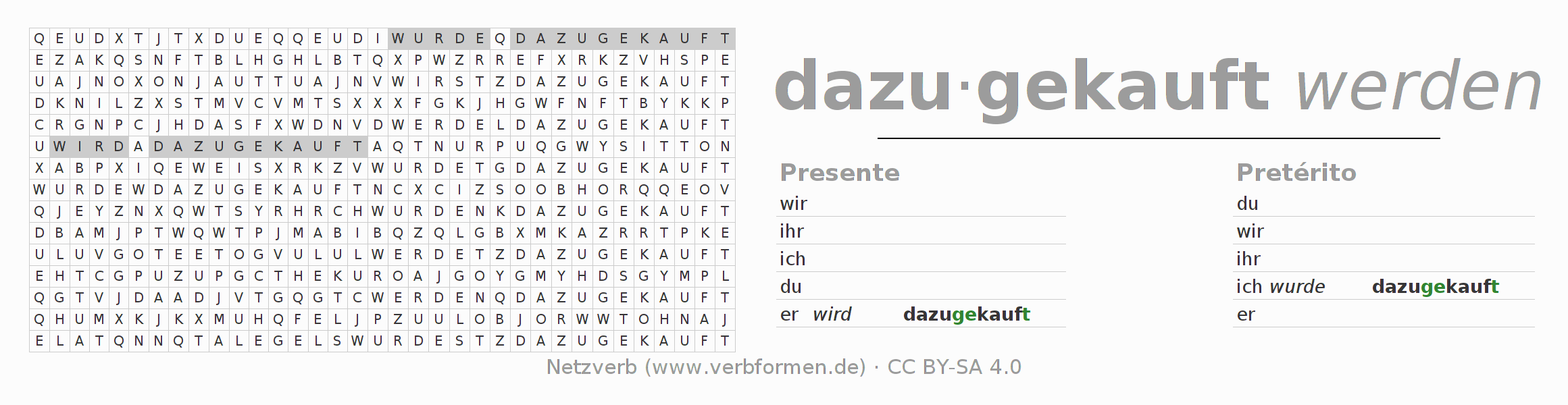 Juego de palabras cruzadas para la conjugación del verbo dazukaufen
