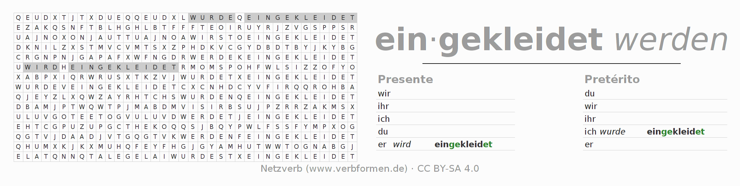 Juego de palabras cruzadas para la conjugación del verbo einkleiden