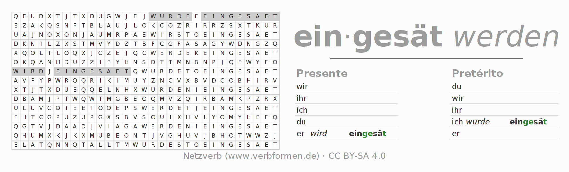 Juego de palabras cruzadas para la conjugación del verbo einsäen