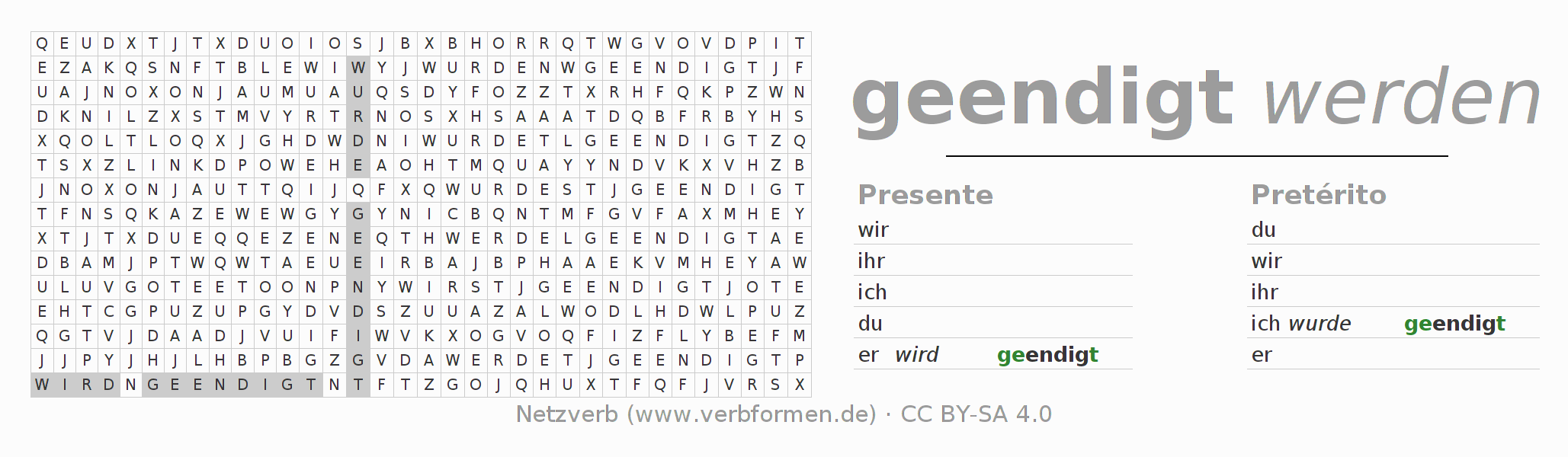 Juego de palabras cruzadas para la conjugación del verbo endigen