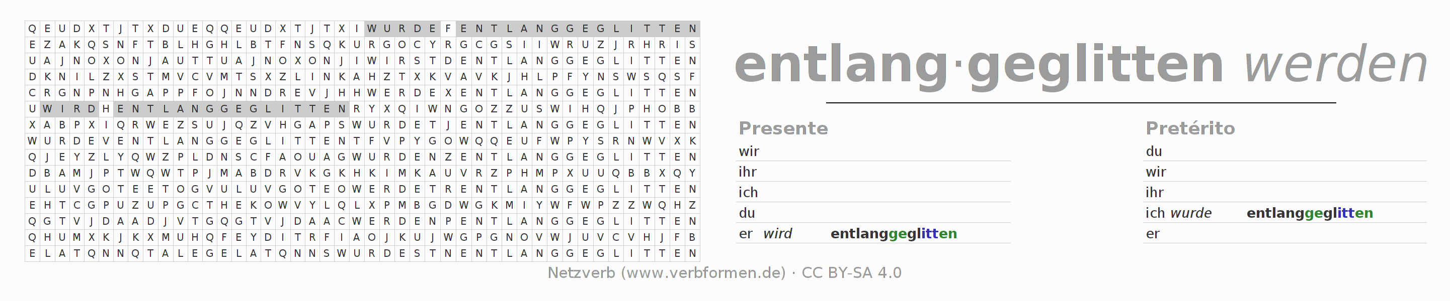 Juego de palabras cruzadas para la conjugación del verbo entlanggleiten