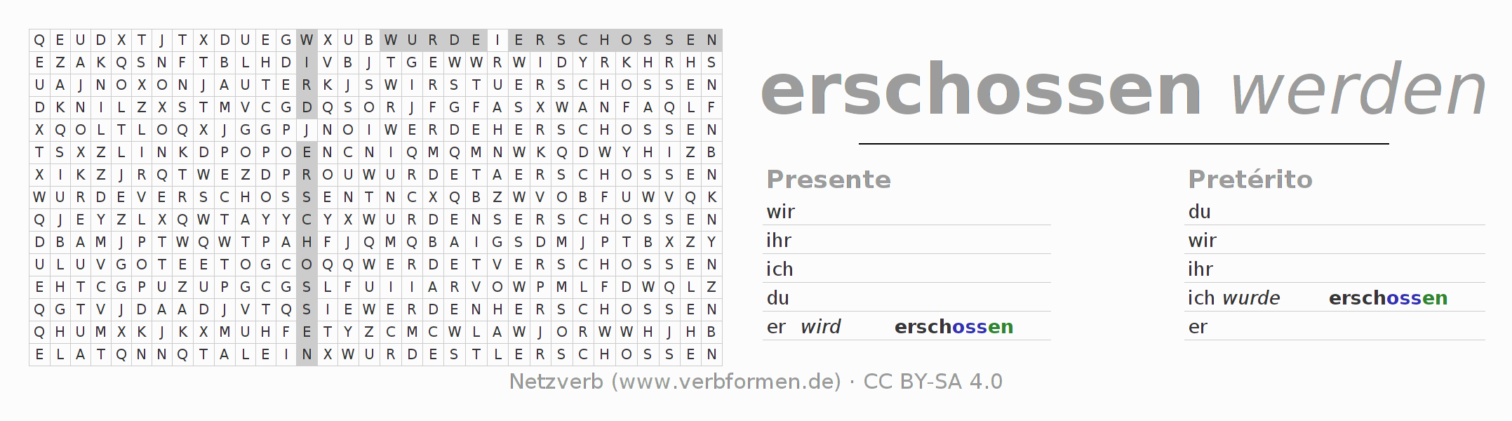 Juego de palabras cruzadas para la conjugación del verbo erschießen