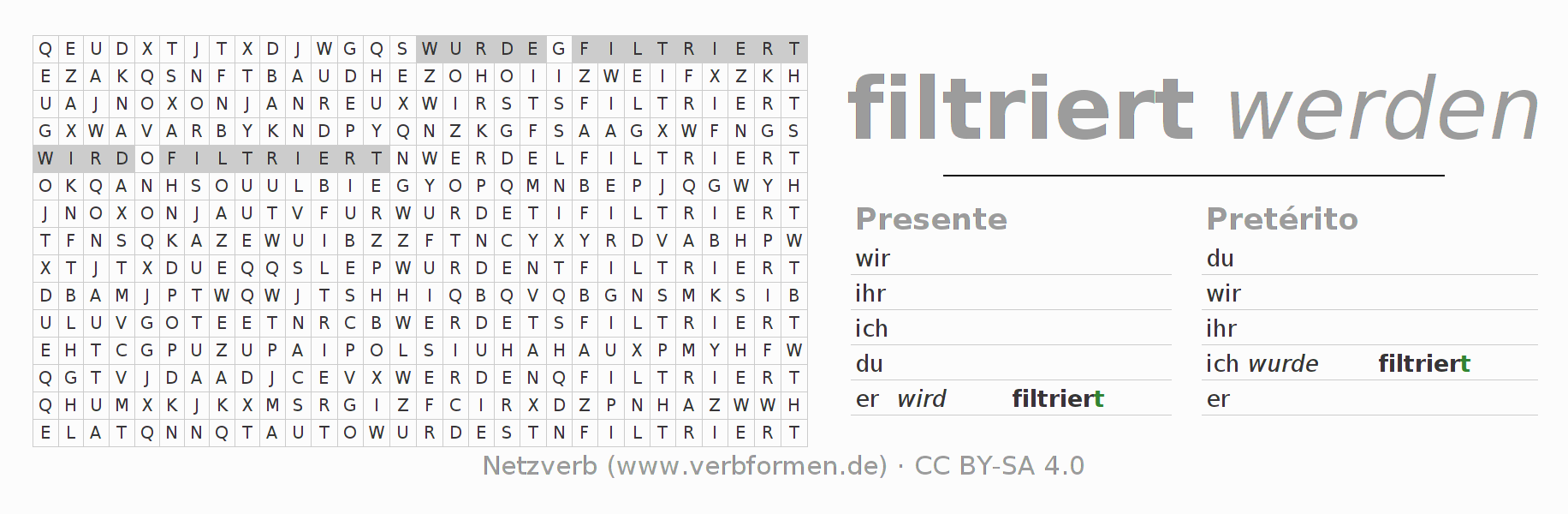 Juego de palabras cruzadas para la conjugación del verbo filtrieren