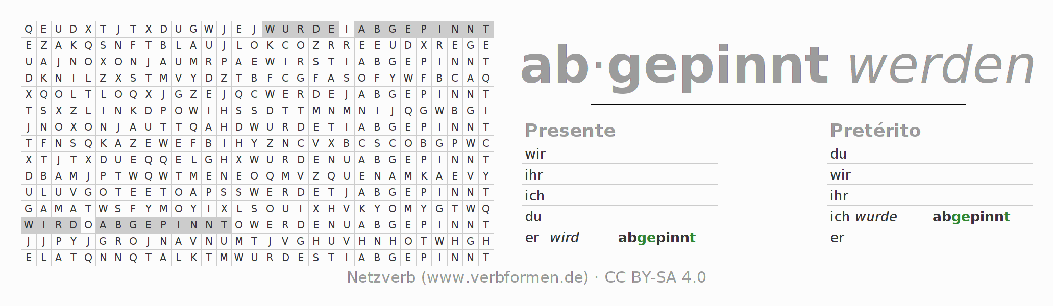 Juego de palabras cruzadas para la conjugación del verbo abpinnen
