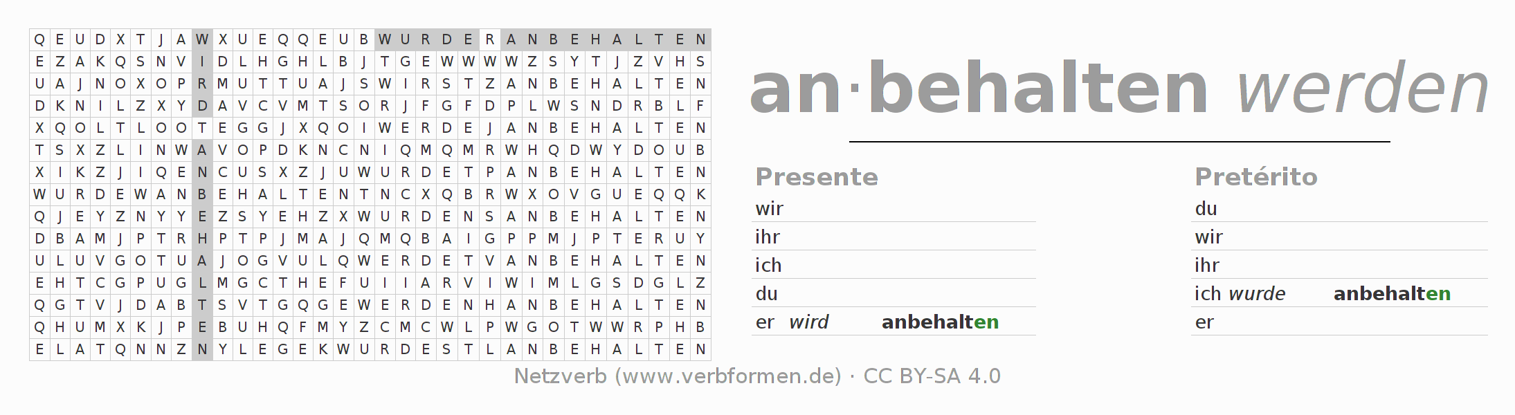 Juego de palabras cruzadas para la conjugación del verbo anbehalten