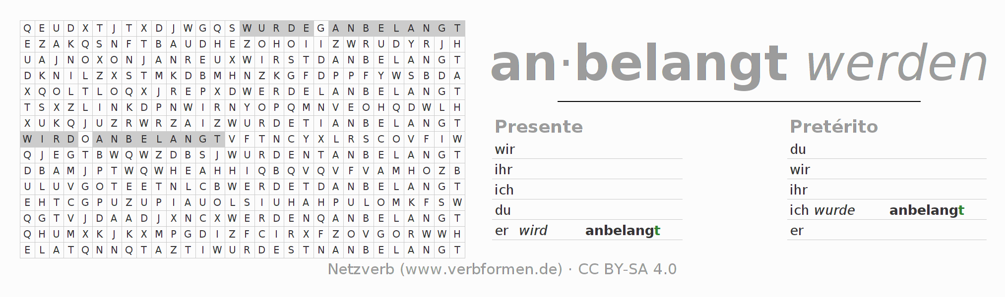 Juego de palabras cruzadas para la conjugación del verbo anbelangen