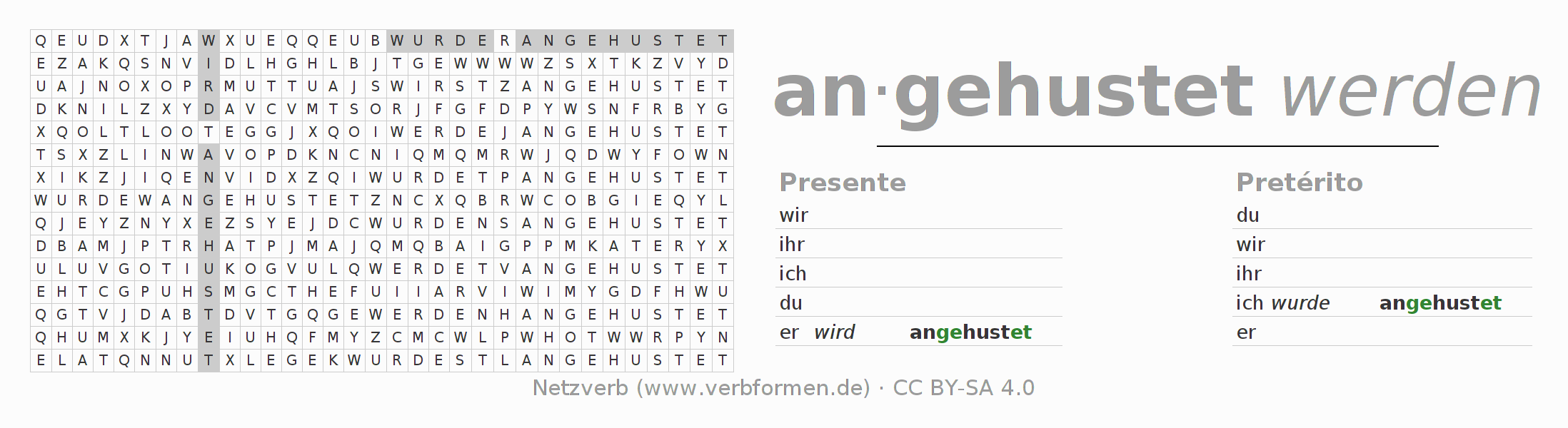 Juego de palabras cruzadas para la conjugación del verbo anhusten