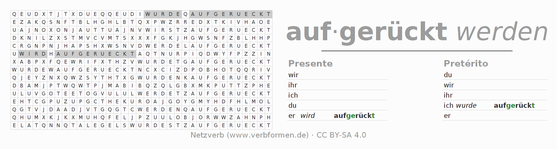 Juego de palabras cruzadas para la conjugación del verbo aufrücken