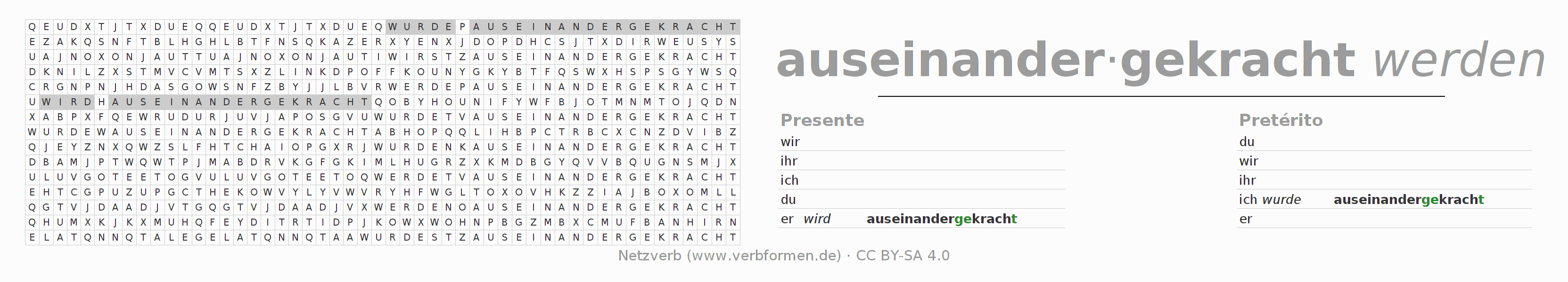 Juego de palabras cruzadas para la conjugación del verbo auseinanderkrachen