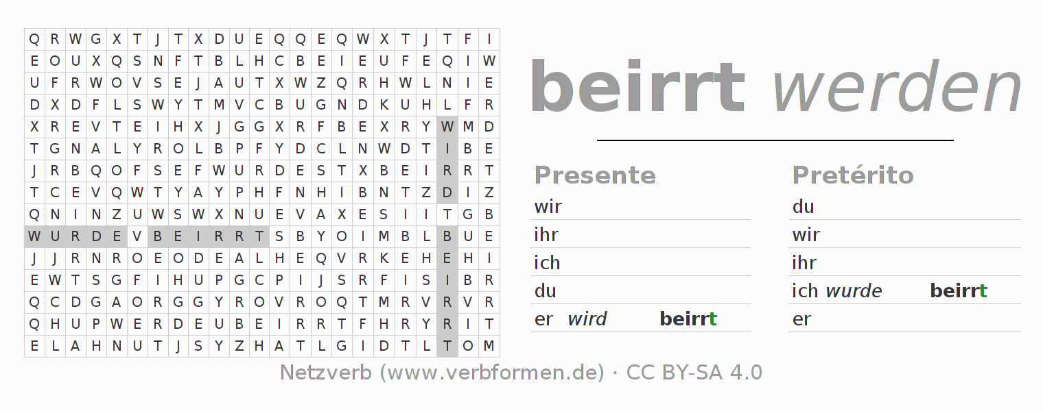 Juego de palabras cruzadas para la conjugación del verbo beirren