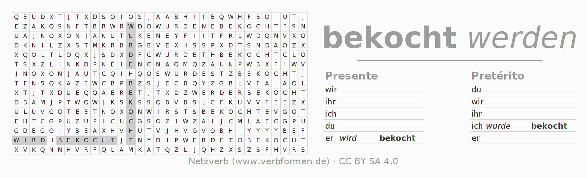 Juego de palabras cruzadas para la conjugación del verbo bekochen