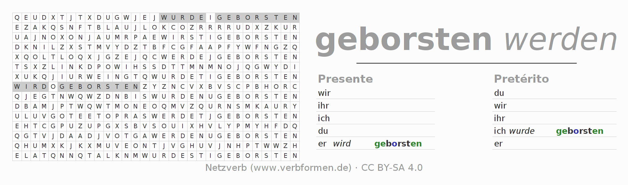 Juego de palabras cruzadas para la conjugación del verbo bersten