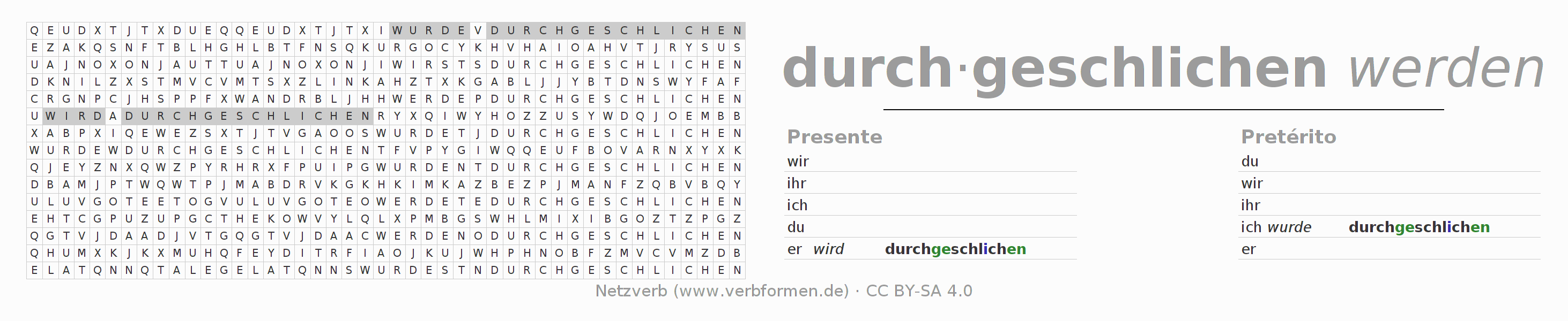 Juego de palabras cruzadas para la conjugación del verbo durch-schleichen (ist)