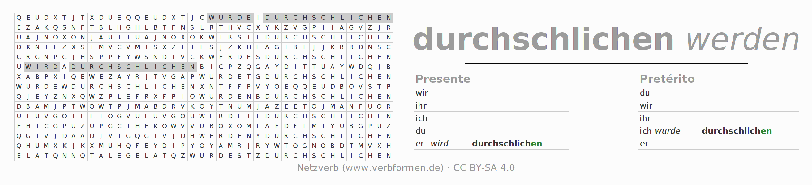 Juego de palabras cruzadas para la conjugación del verbo durchschleichen (hat)