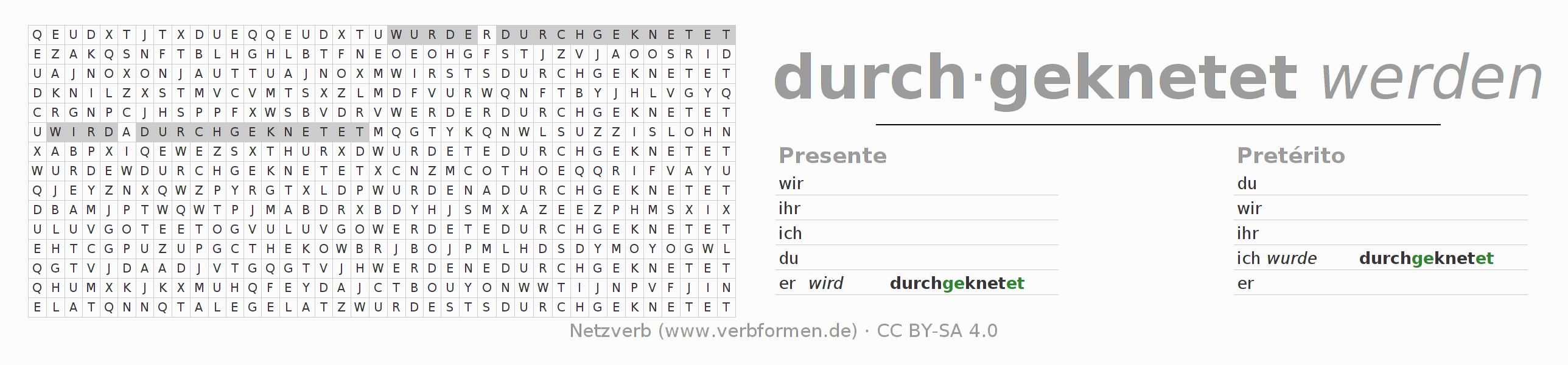Juego de palabras cruzadas para la conjugación del verbo durchkneten