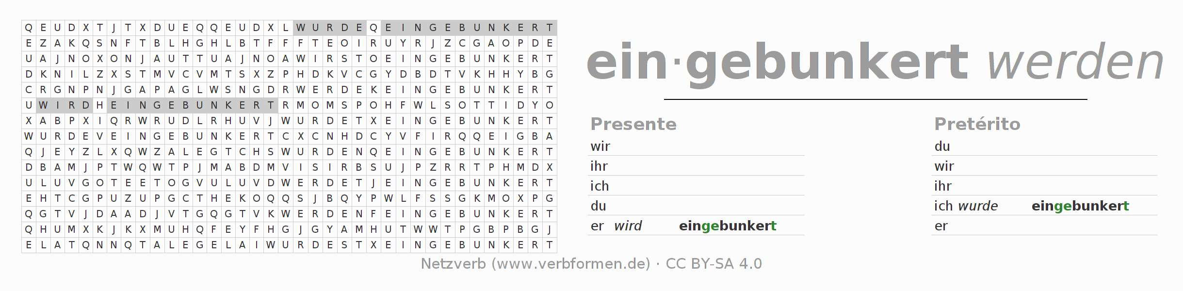 Juego de palabras cruzadas para la conjugación del verbo einbunkern