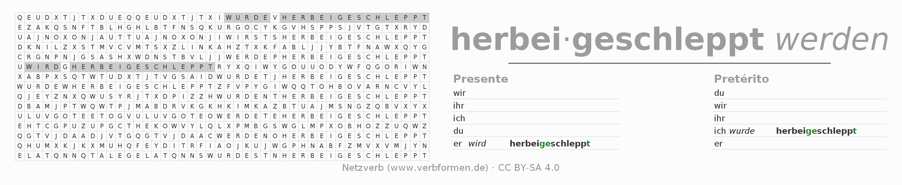 Juego de palabras cruzadas para la conjugación del verbo herbeischleppen
