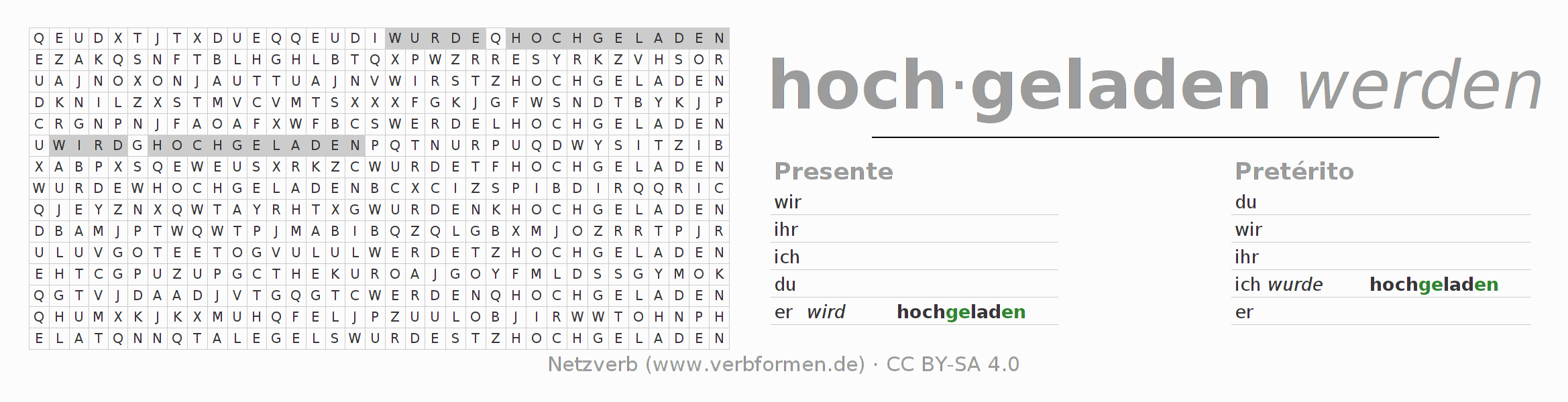 Juego de palabras cruzadas para la conjugación del verbo hochladen