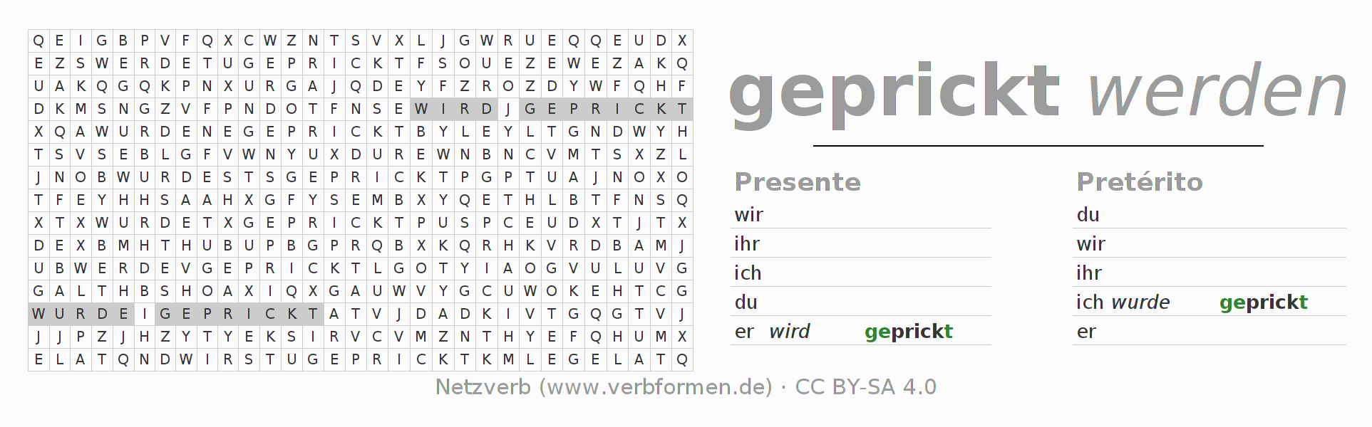 Juego de palabras cruzadas para la conjugación del verbo pricken