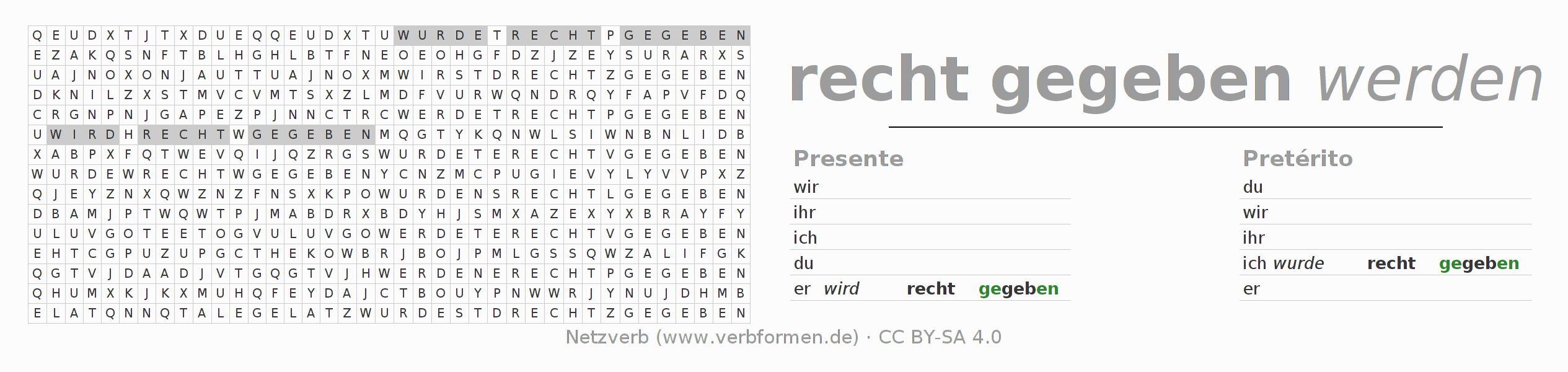 Juego de palabras cruzadas para la conjugación del verbo rechtgeben