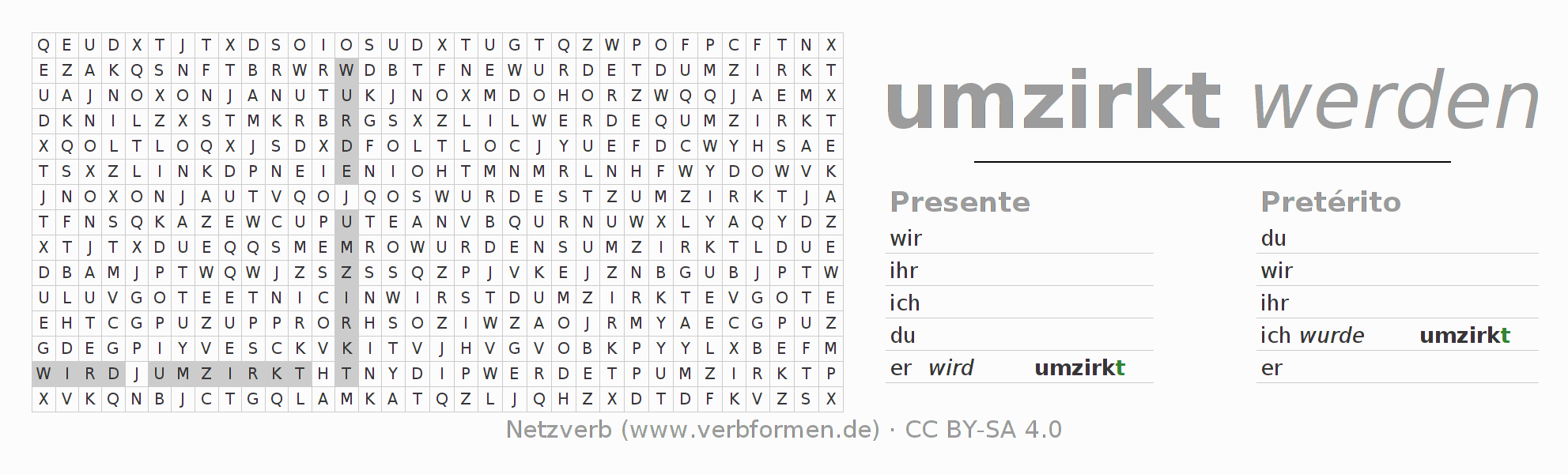 Juego de palabras cruzadas para la conjugación del verbo umzirken