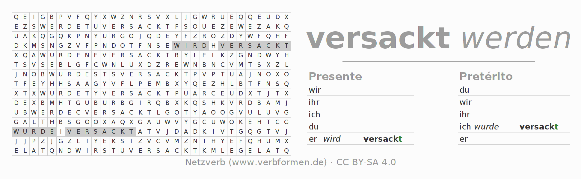 Juego de palabras cruzadas para la conjugación del verbo versacken