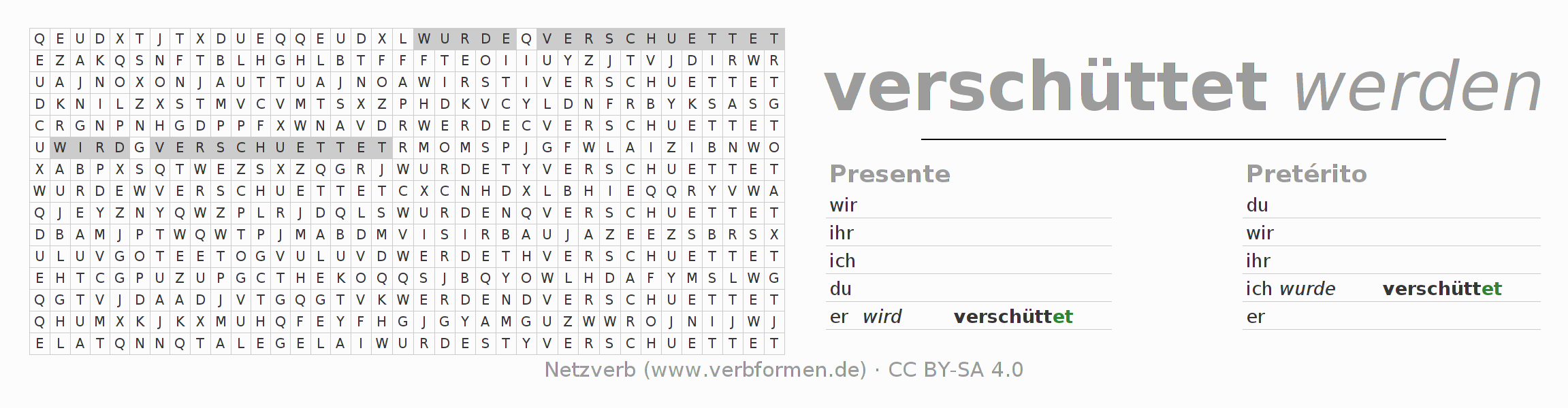 Juego de palabras cruzadas para la conjugación del verbo verschütten
