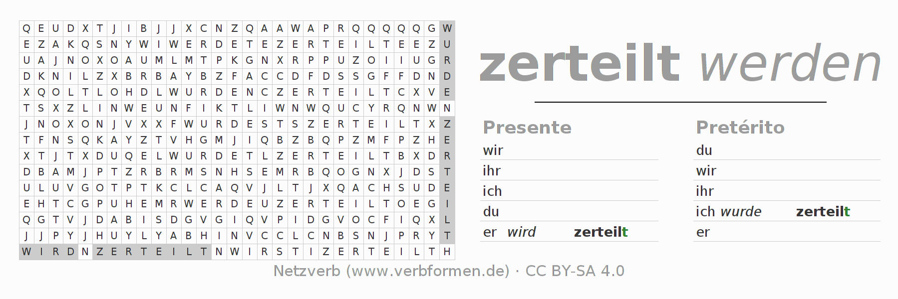 Juego de palabras cruzadas para la conjugación del verbo zerteilen