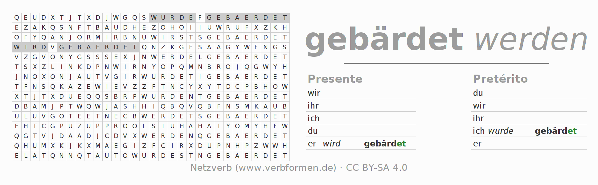 Juego de palabras cruzadas para la conjugación del verbo gebärden