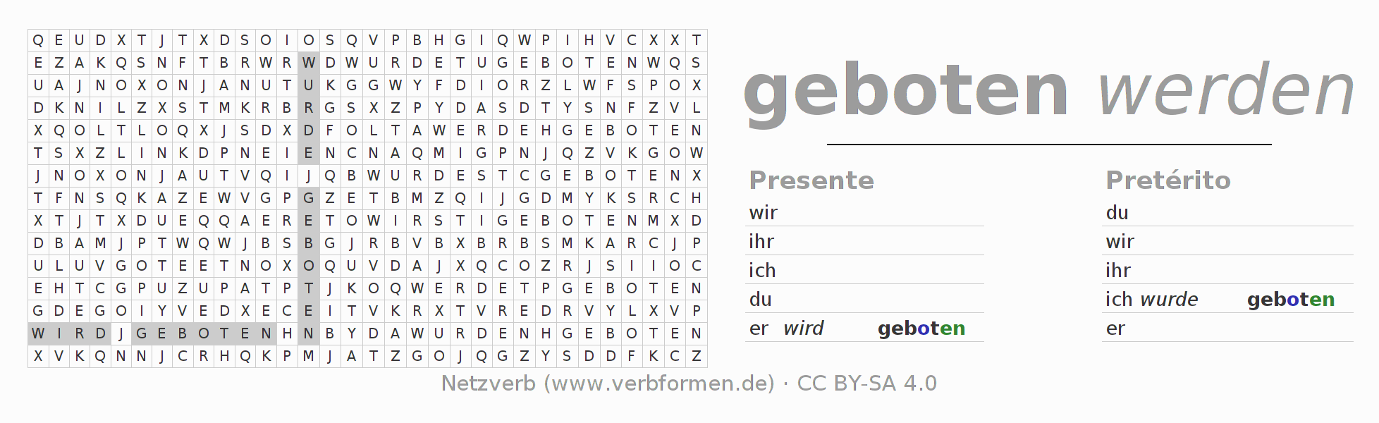 Juego de palabras cruzadas para la conjugación del verbo gebieten