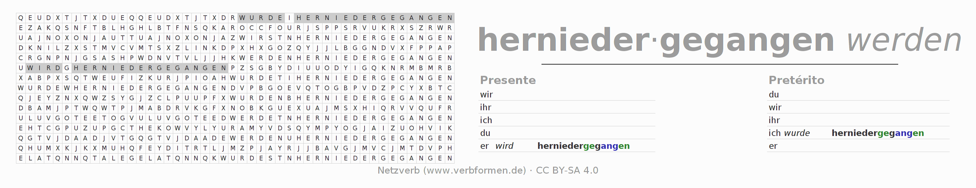 Juego de palabras cruzadas para la conjugación del verbo herniedergehen