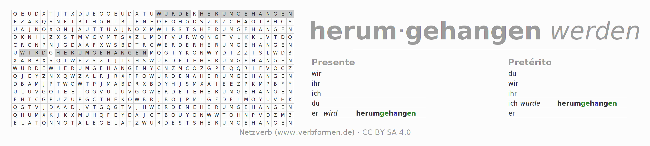 Juego de palabras cruzadas para la conjugación del verbo herumhängen