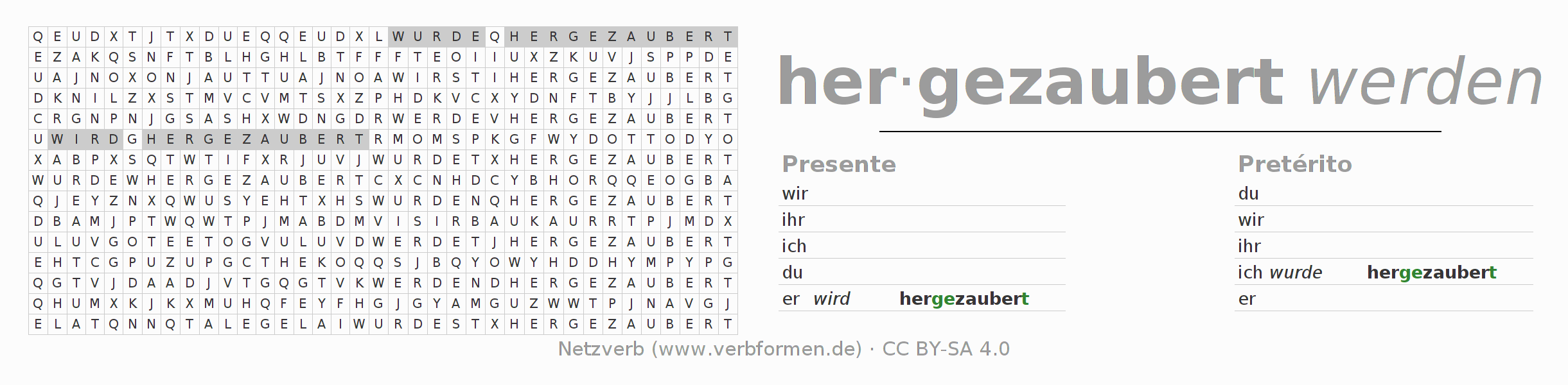 Juego de palabras cruzadas para la conjugación del verbo herzaubern