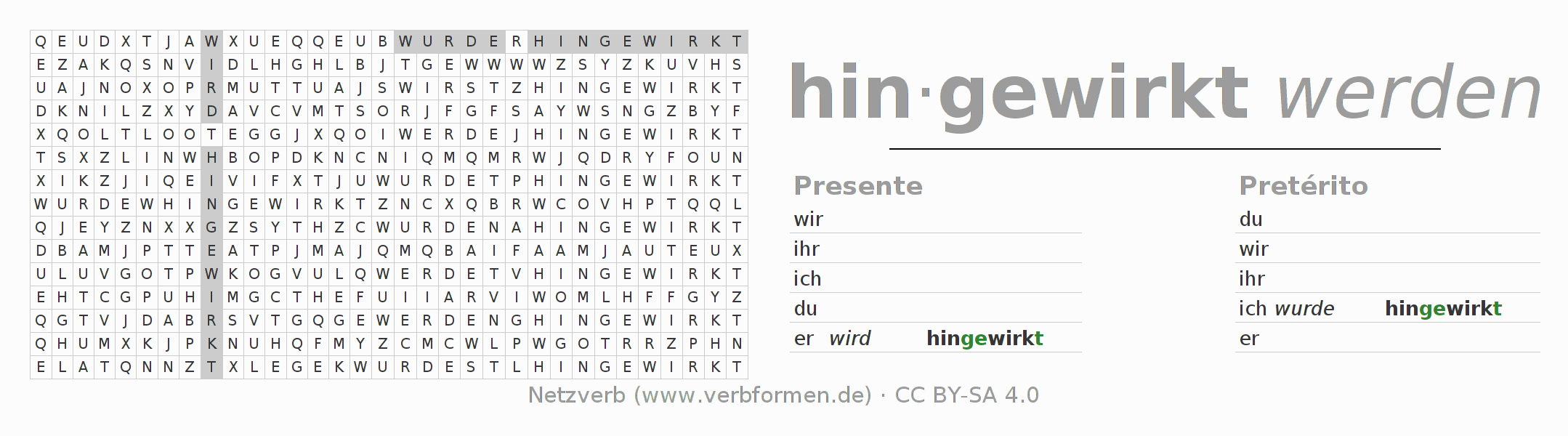 Juego de palabras cruzadas para la conjugación del verbo hinwirken