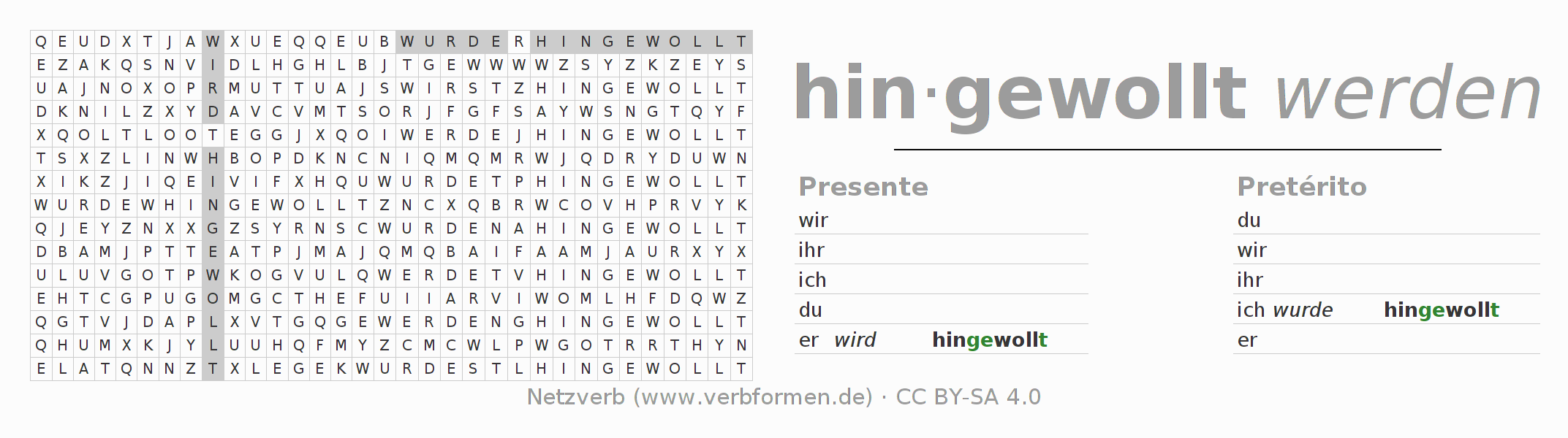 Juego de palabras cruzadas para la conjugación del verbo hinwollen