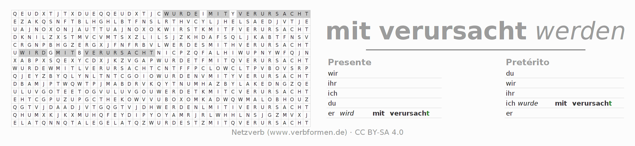 Juego de palabras cruzadas para la conjugación del verbo mitverursachen