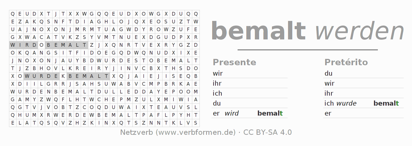 Juego de palabras cruzadas para la conjugación del verbo bemalen
