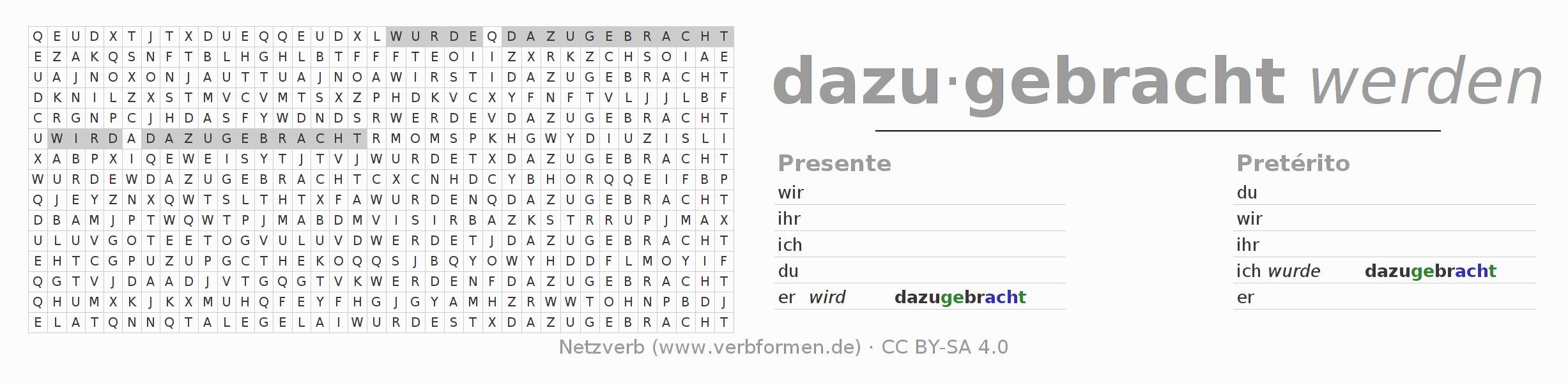 Juego de palabras cruzadas para la conjugación del verbo dazubringen