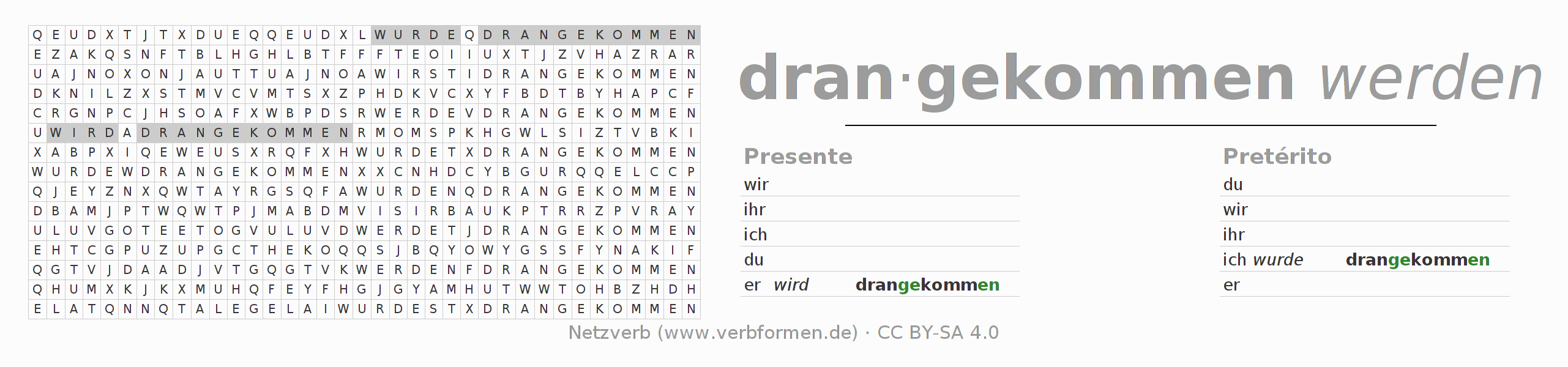 Juego de palabras cruzadas para la conjugación del verbo drankommen