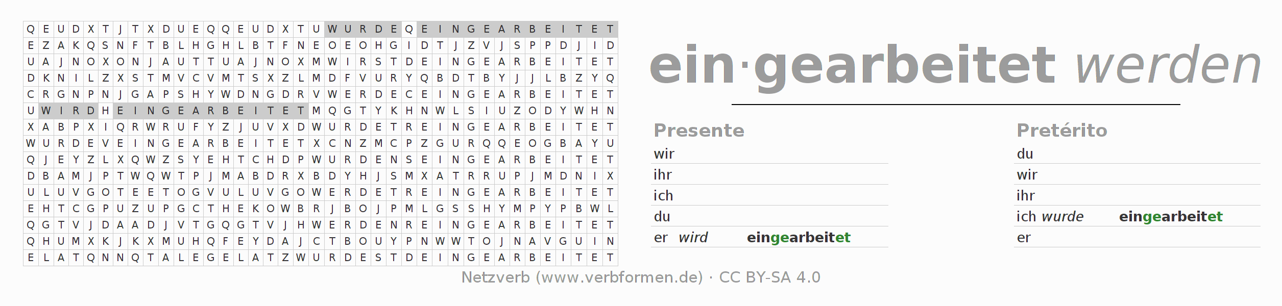 Juego de palabras cruzadas para la conjugación del verbo einarbeiten