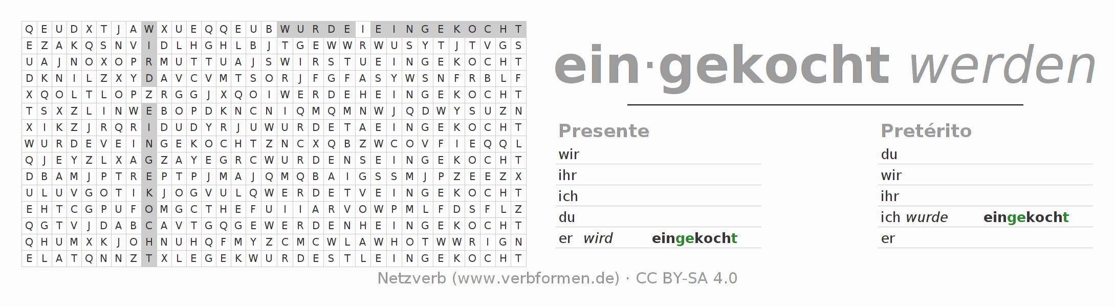 Juego de palabras cruzadas para la conjugación del verbo einkochen