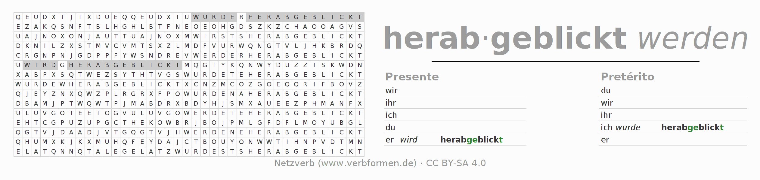 Juego de palabras cruzadas para la conjugación del verbo herabblicken
