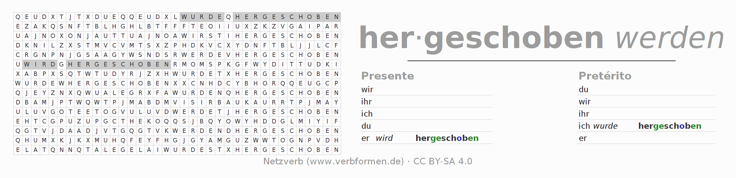 Juego de palabras cruzadas para la conjugación del verbo herschieben