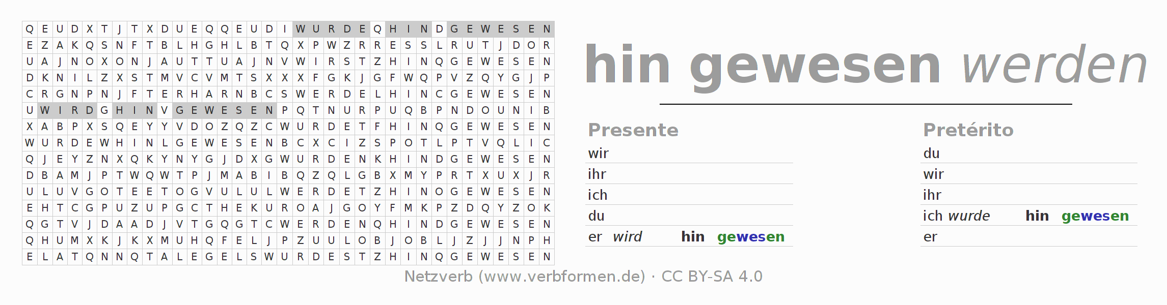 Juego de palabras cruzadas para la conjugación del verbo hinsein