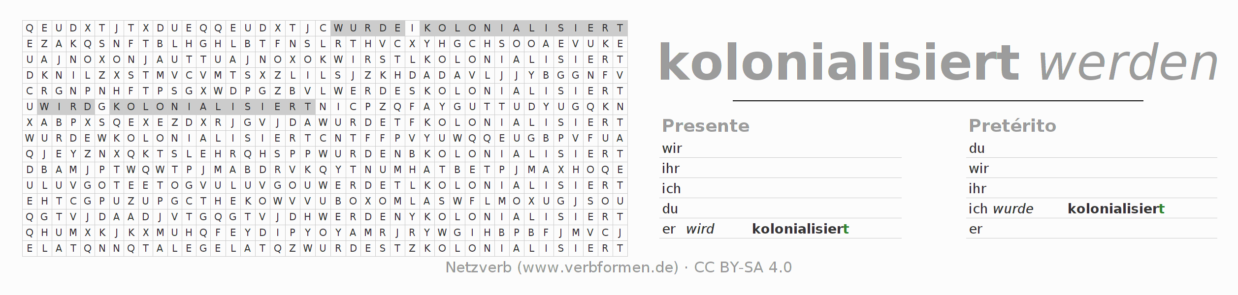 Juego de palabras cruzadas para la conjugación del verbo kolonialisieren