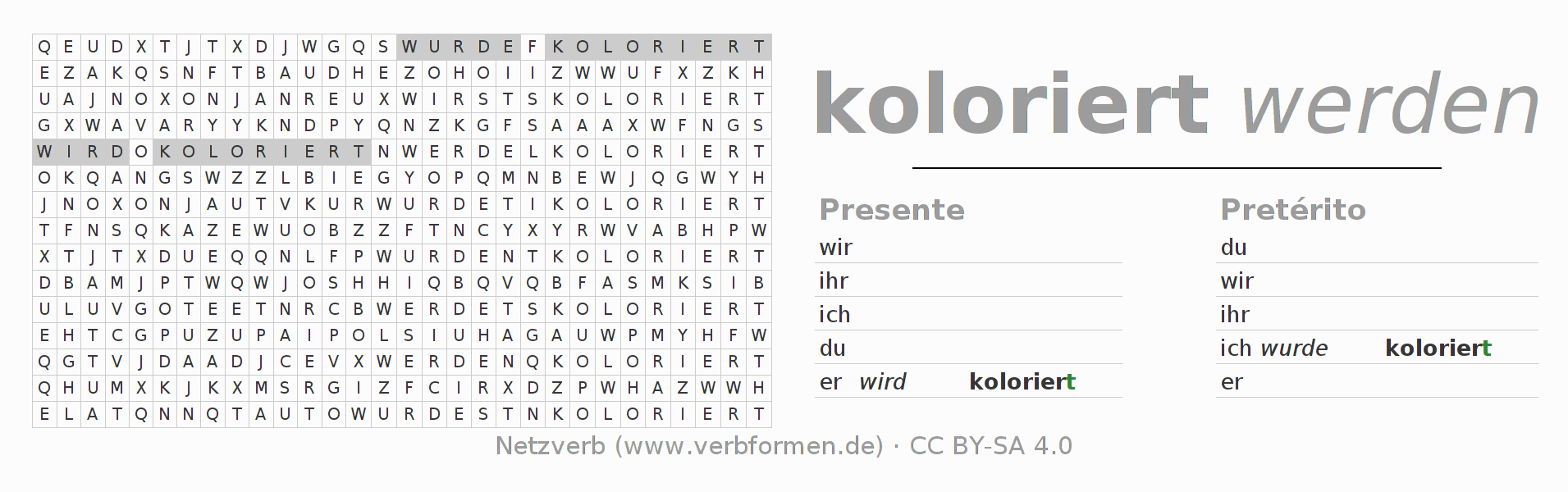 Juego de palabras cruzadas para la conjugación del verbo kolorieren