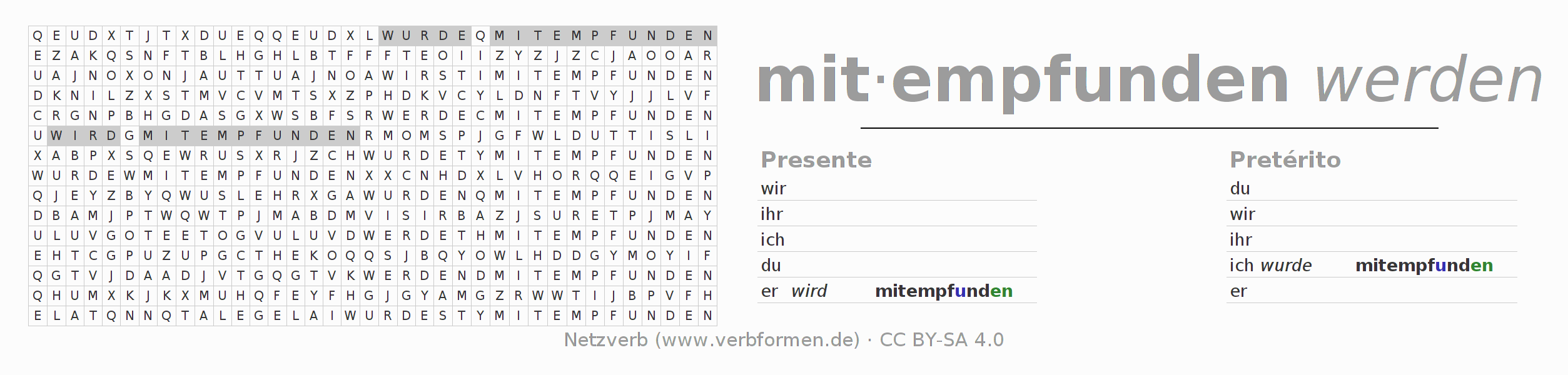 Juego de palabras cruzadas para la conjugación del verbo mitempfinden