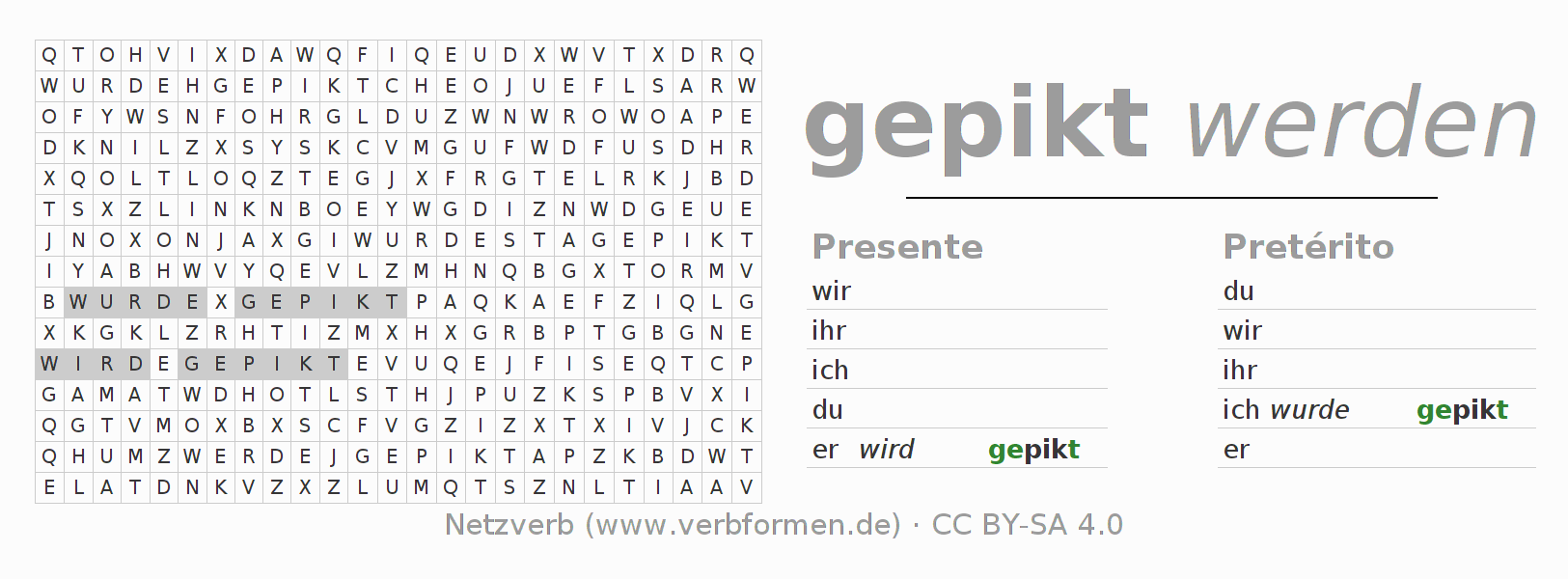 Juego de palabras cruzadas para la conjugación del verbo piken