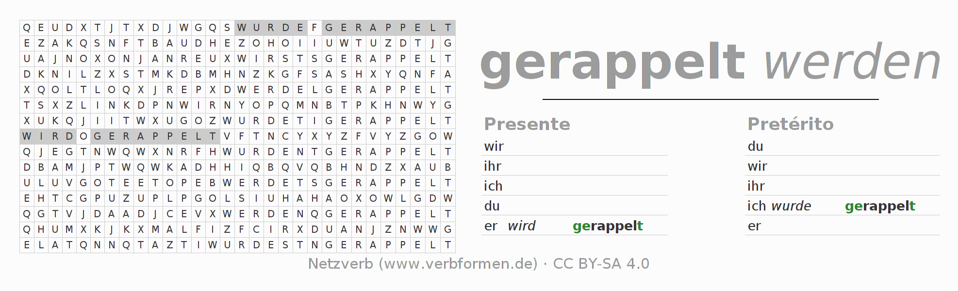 Juego de palabras cruzadas para la conjugación del verbo rappeln (ist)