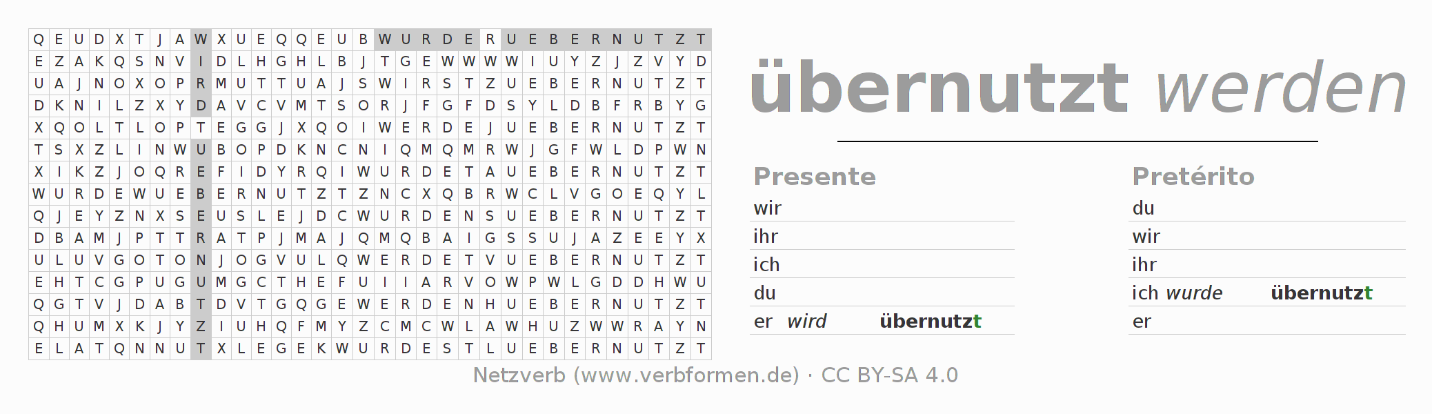 Juego de palabras cruzadas para la conjugación del verbo übernutzen